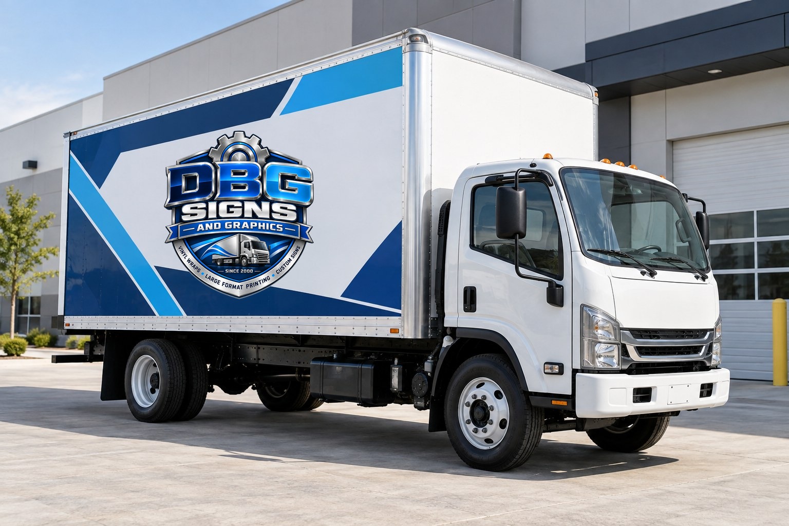 DBG Signs and Graphics branded box truck with custom navy and blue fleet graphics