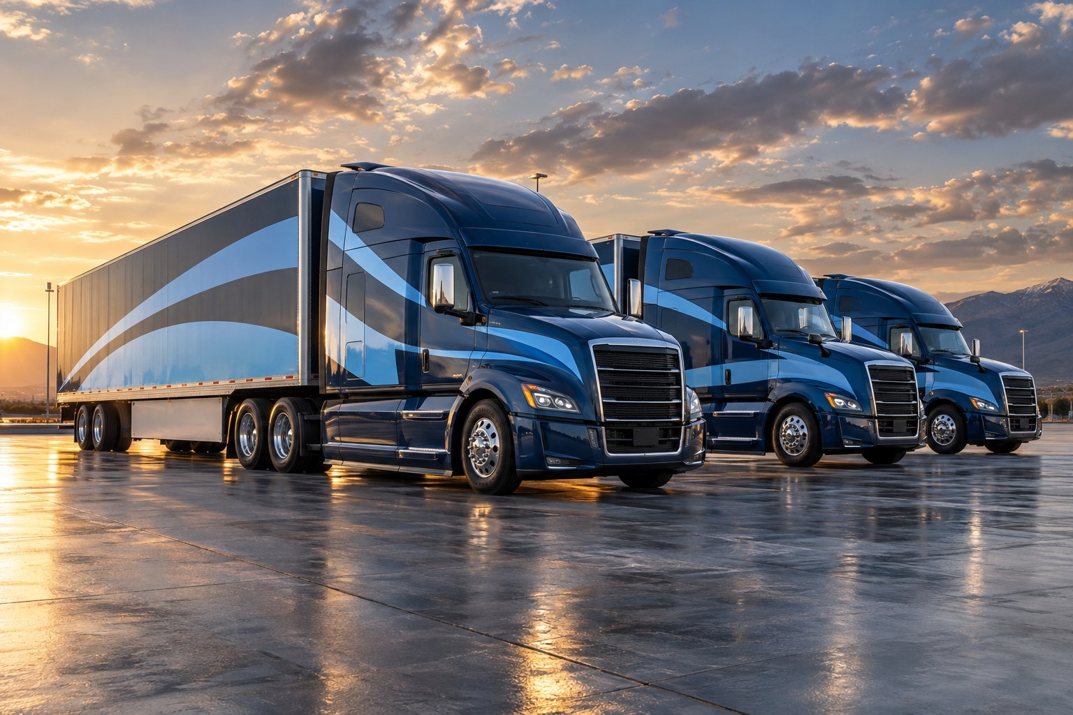 Fleet of semi trucks wrapped in navy and sky blue graphics